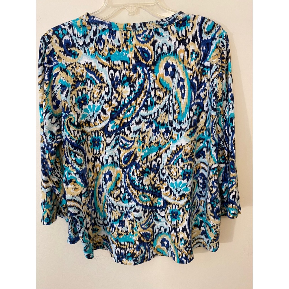 Chico's Ikat Paisley Top Size L Blue Teal Boho Coastal Lightweight Tee - Picture 3 of 10